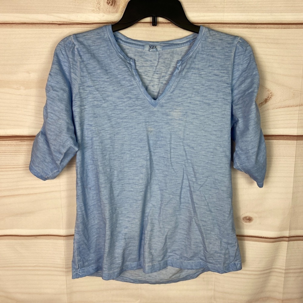 NZT Nic Zoe Top Womens S Blue Garment Dyed T-Shirt V-Neck Shirred Sleeve Cotton